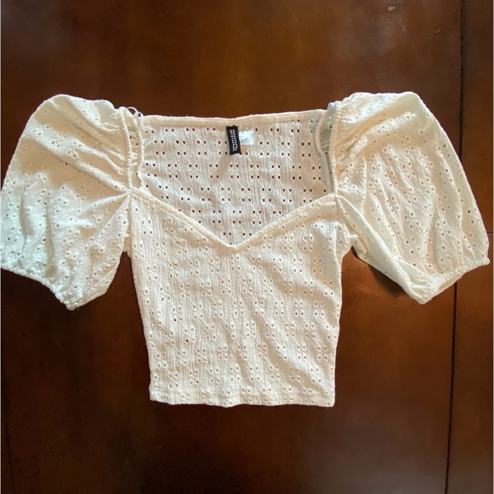White Crop Top Puff Sleeve Eyelet Lace Hippie Twee Romantic Milkmaid Boho XS